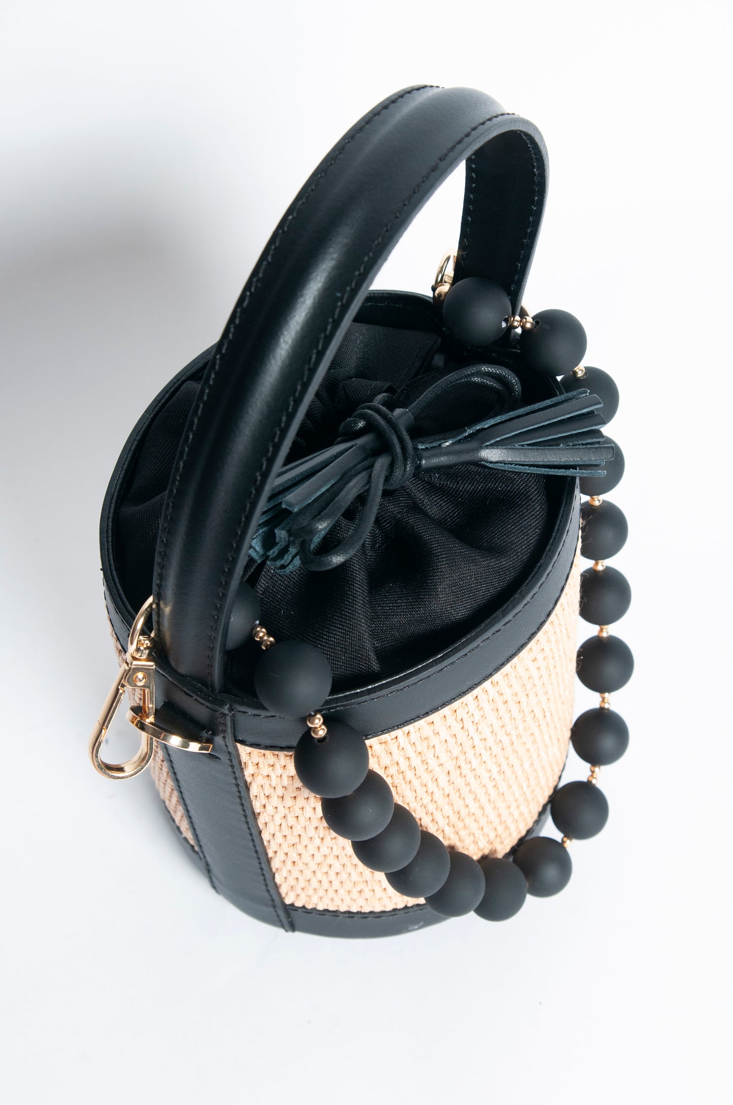 Borsa Secchiello pelle e rafia - Nero