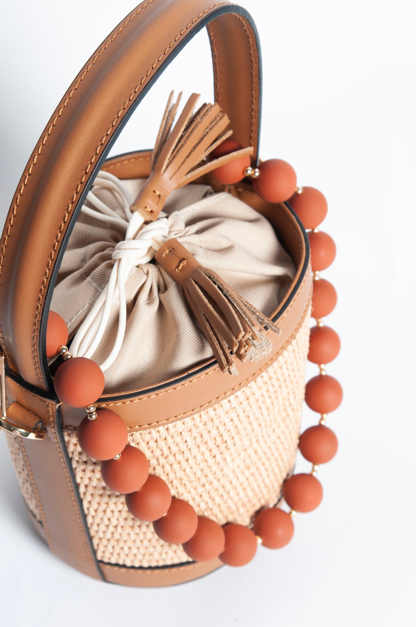 Borsa Secchiello pelle e rafia - Cuoio