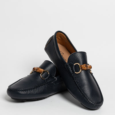 Mocassino in pelle con fibbia in bamboo - Blu