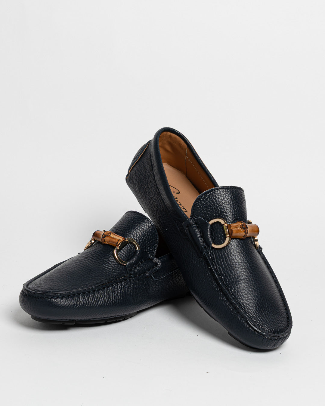 Mocassino in pelle con fibbia in bamboo - Blu