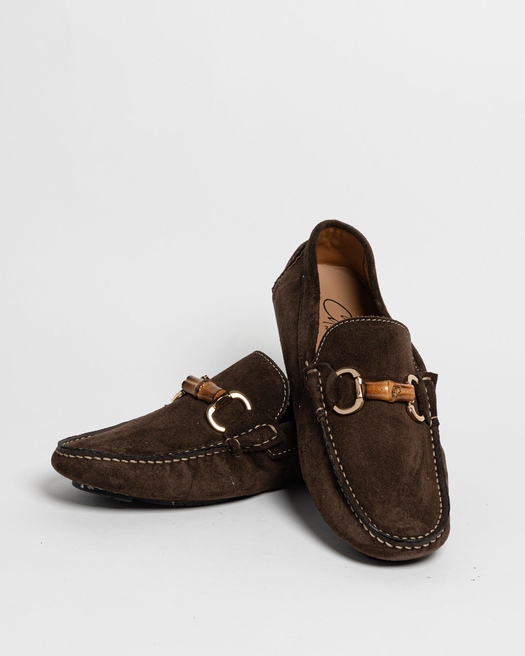 Mocassino in camoscio con fibbia in bamboo - Testa di moro