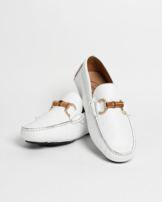 Mocassino in pelle con fibbia in bamboo - Bianco