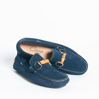 Mocassino in camoscio con fibbia in bamboo - Blu