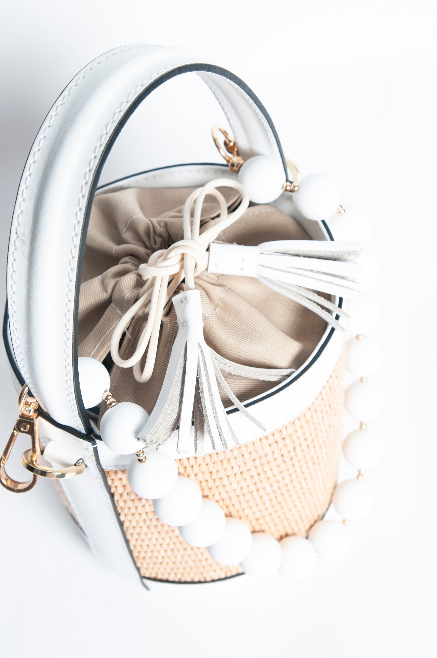 Borsa Secchiello pelle e rafia - Bianco