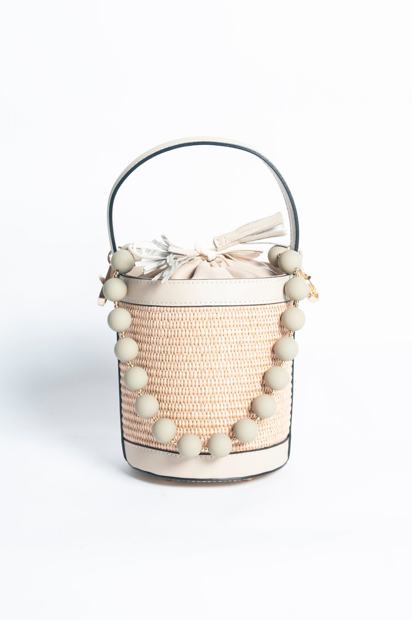 Borsa Secchiello pelle e rafia - Beige