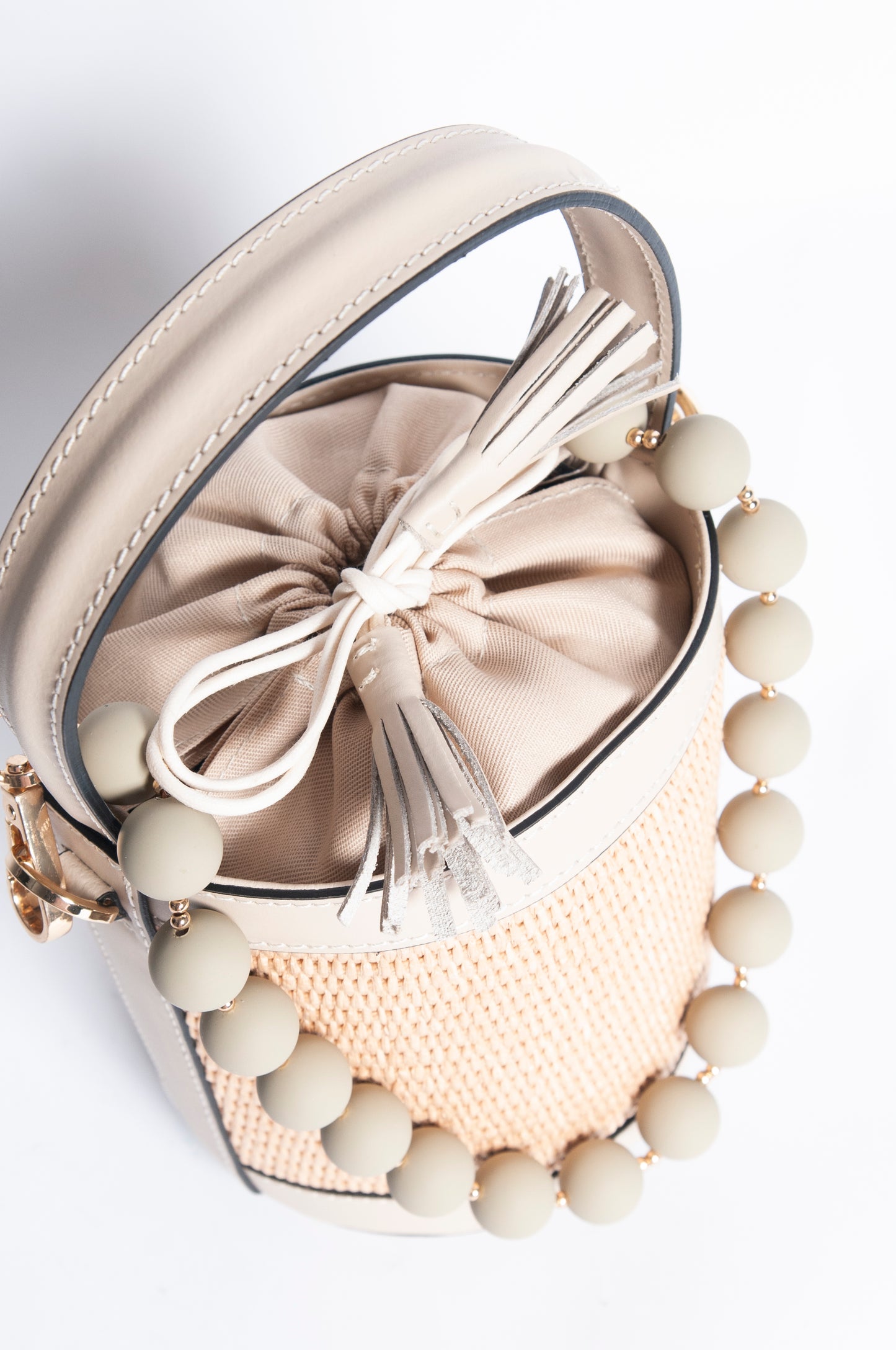 Borsa Secchiello pelle e rafia - Beige