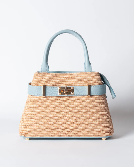 Borsa Nina pelle e rafia - Celeste